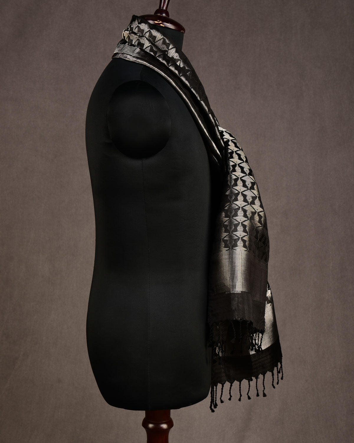 Metallic Black Buddha "Wisdom & Compassion" Silver Zari Tanchoi Handwoven Silk Unisex Scarf 80"x22"-HolyWeaves