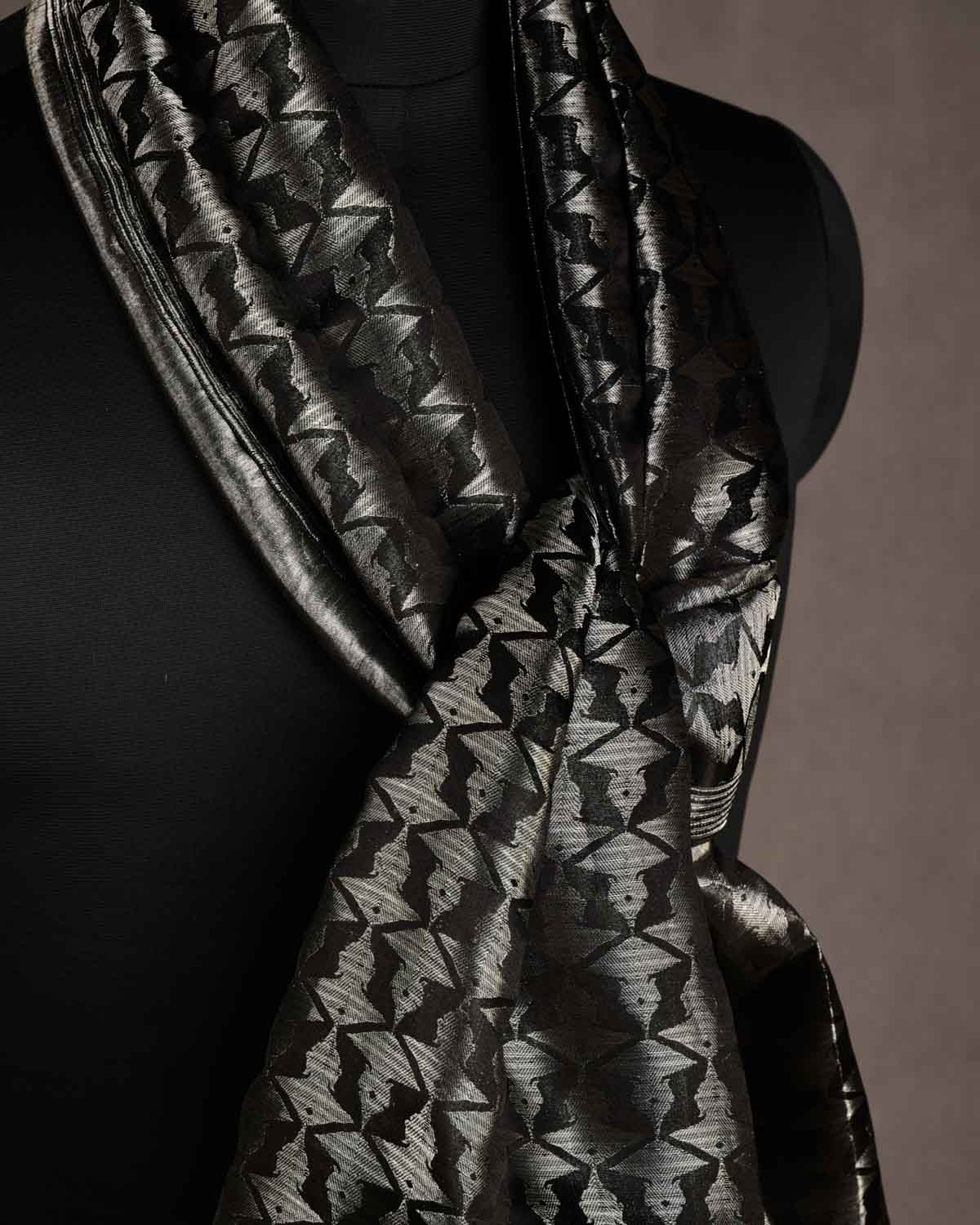 Metallic Black Buddha "Wisdom & Compassion" Silver Zari Tanchoi Handwoven Silk Unisex Scarf 80"x22"-HolyWeaves