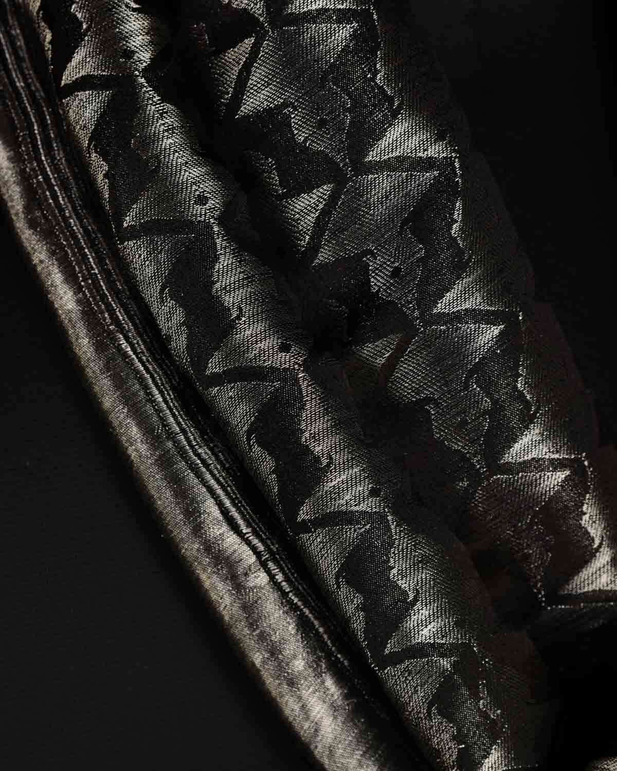 Metallic Black Buddha "Wisdom & Compassion" Silver Zari Tanchoi Handwoven Silk Unisex Scarf 80"x22"-HolyWeaves