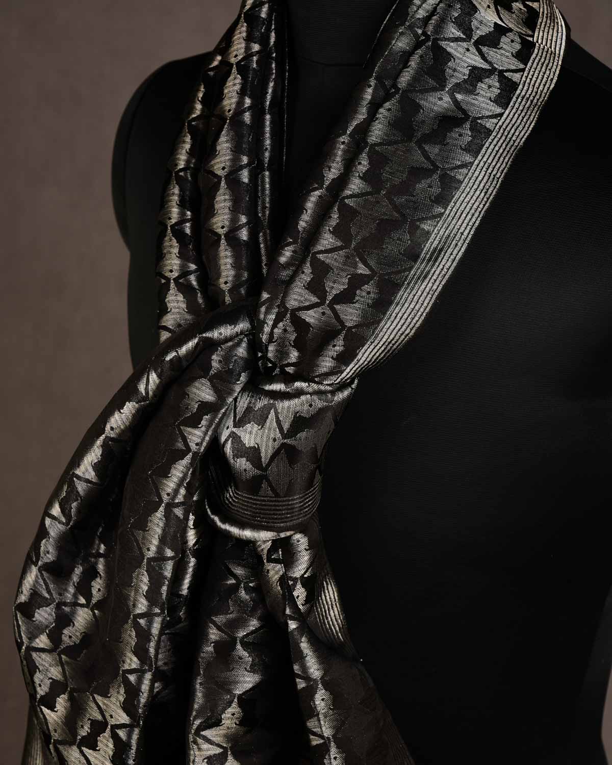Metallic Black Buddha "Wisdom & Compassion" Silver Zari Tanchoi Handwoven Silk Unisex Scarf 80"x22"-HolyWeaves