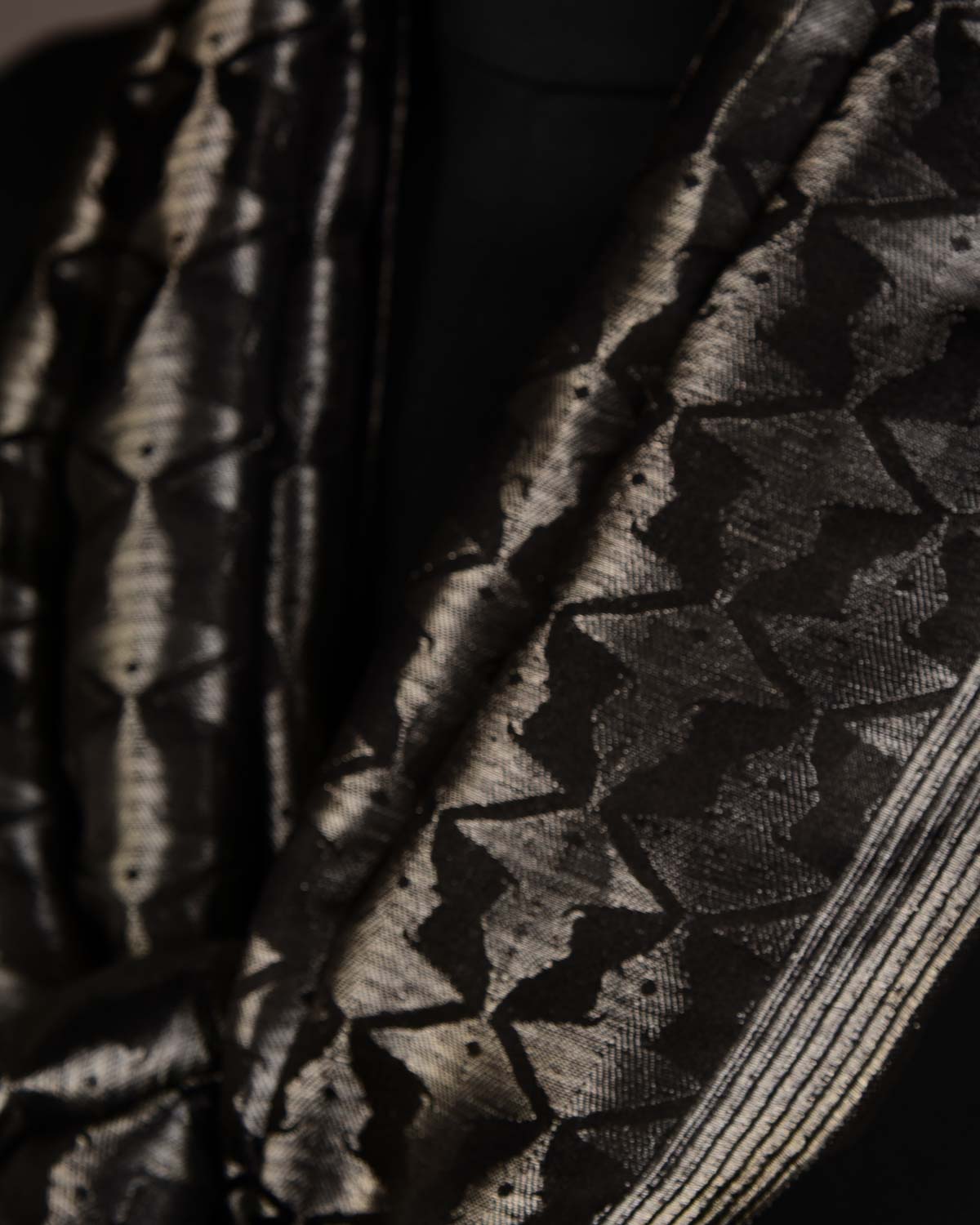 Metallic Black Buddha "Wisdom & Compassion" Silver Zari Tanchoi Handwoven Silk Unisex Scarf 80"x22"-HolyWeaves