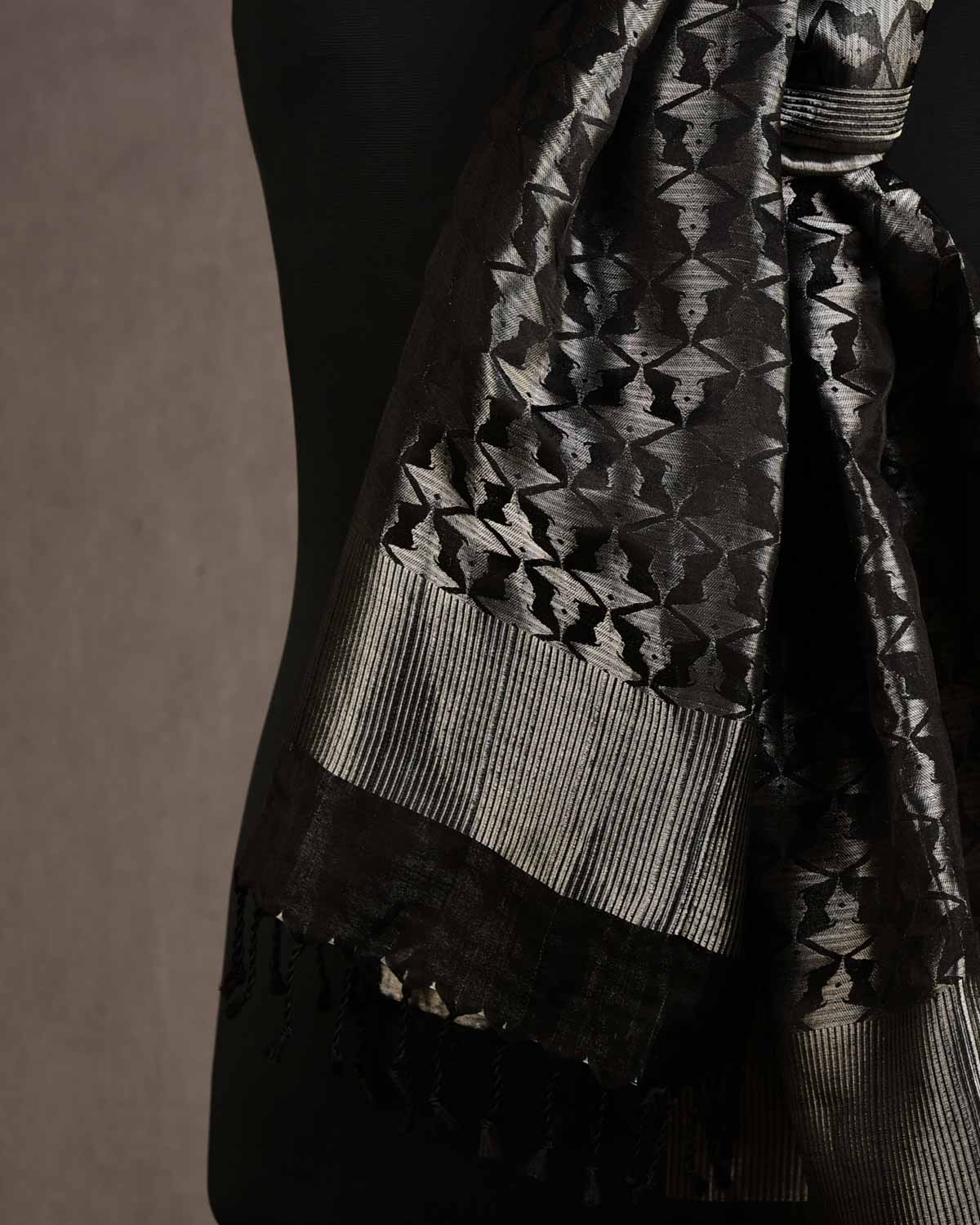 Metallic Black Buddha "Wisdom & Compassion" Silver Zari Tanchoi Handwoven Silk Unisex Scarf 80"x22"-HolyWeaves