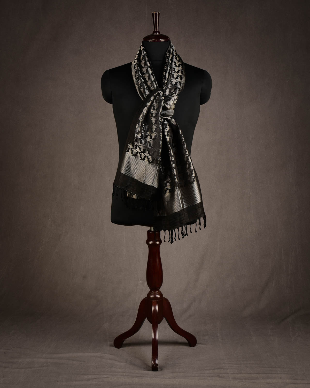 Metallic Black Buddha "Wisdom & Compassion" Silver Zari Tanchoi Handwoven Silk Unisex Scarf 80"x22"-HolyWeaves