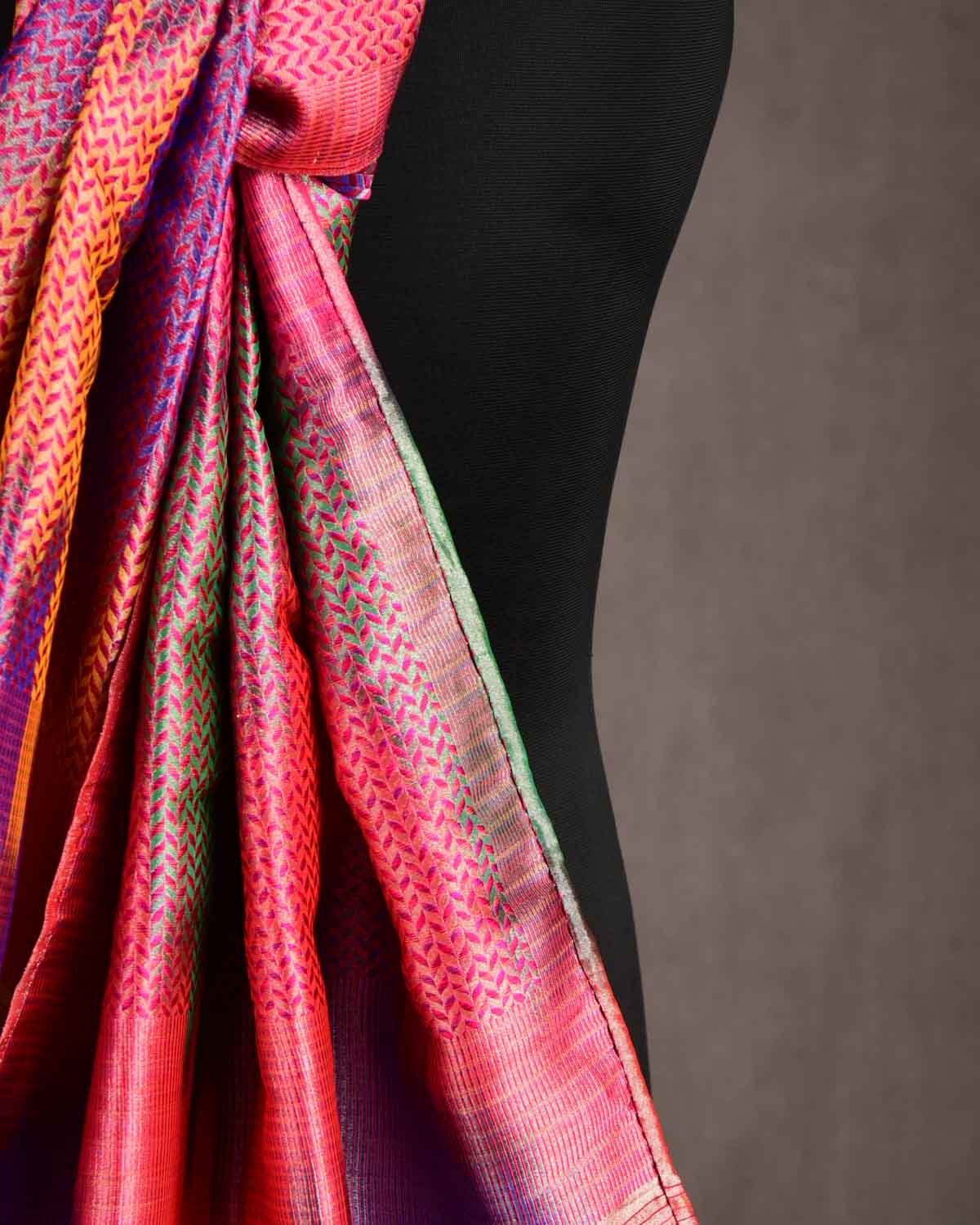 Metallic Multi-color Silver Zari Herringbone Stripes Brocade Handwoven Silk Unisex Scarf 80"x22"-HolyWeaves