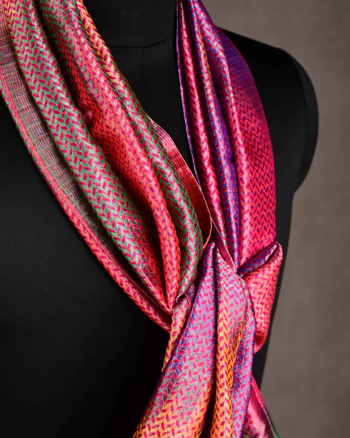 Metallic Multi-color Silver Zari Herringbone Stripes Brocade Handwoven Silk Unisex Scarf 80"x22"-HolyWeaves
