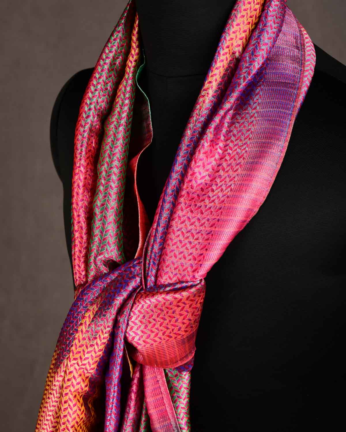Metallic Multi-color Silver Zari Herringbone Stripes Brocade Handwoven Silk Unisex Scarf 80"x22"-HolyWeaves