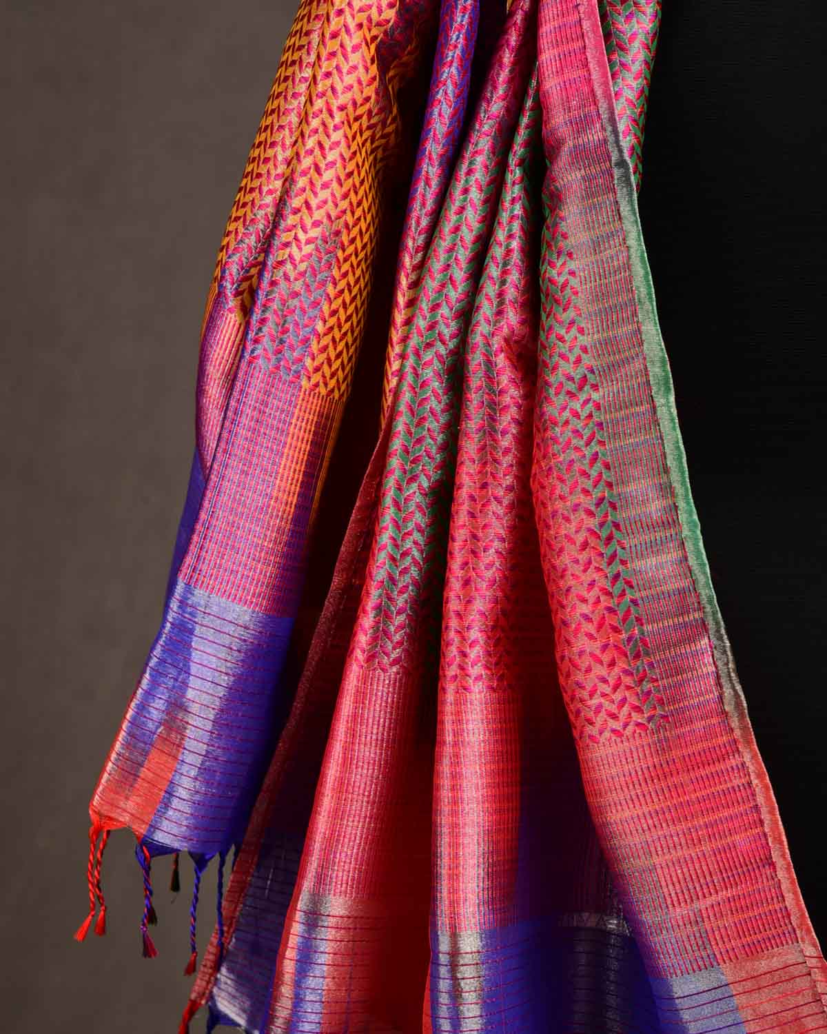 Metallic Multi-color Silver Zari Herringbone Stripes Brocade Handwoven Silk Unisex Scarf 80"x22"-HolyWeaves