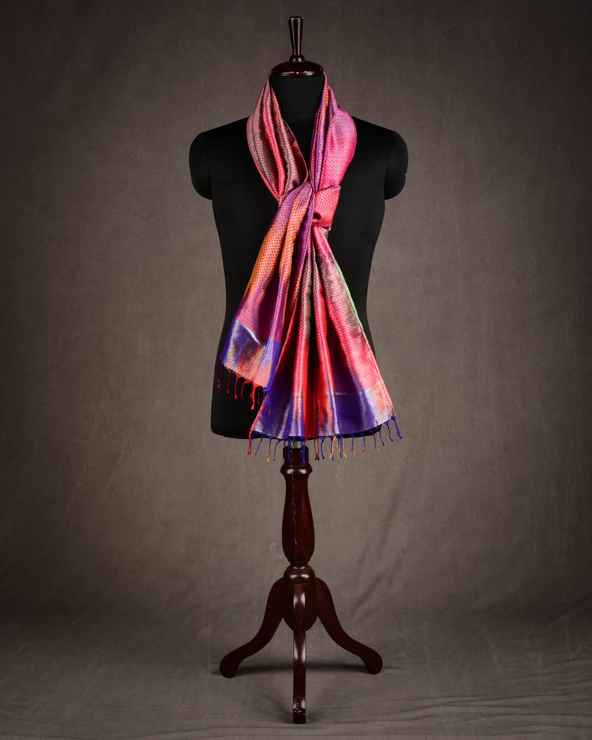 Metallic Multi-color Silver Zari Herringbone Stripes Brocade Handwoven Silk Unisex Scarf 80"x22"-HolyWeaves