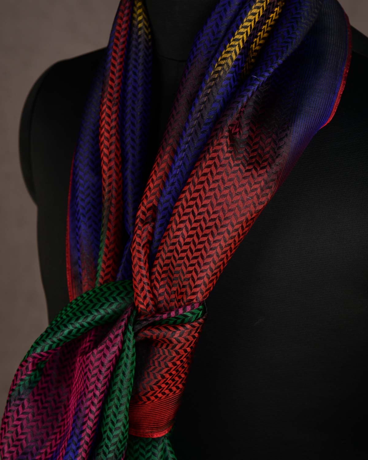 Ombre Multi-color Herringbone Stripes Brocade Handwoven Silk Unisex Scarf 80"x22"-HolyWeaves
