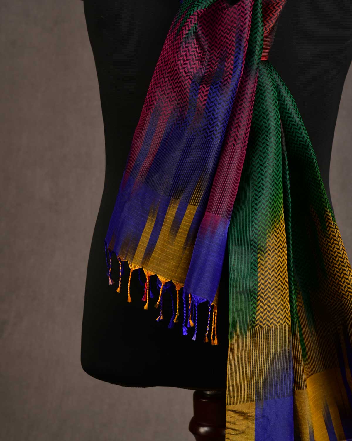 Ombre Multi-color Herringbone Stripes Brocade Handwoven Silk Unisex Scarf 80"x22"-HolyWeaves