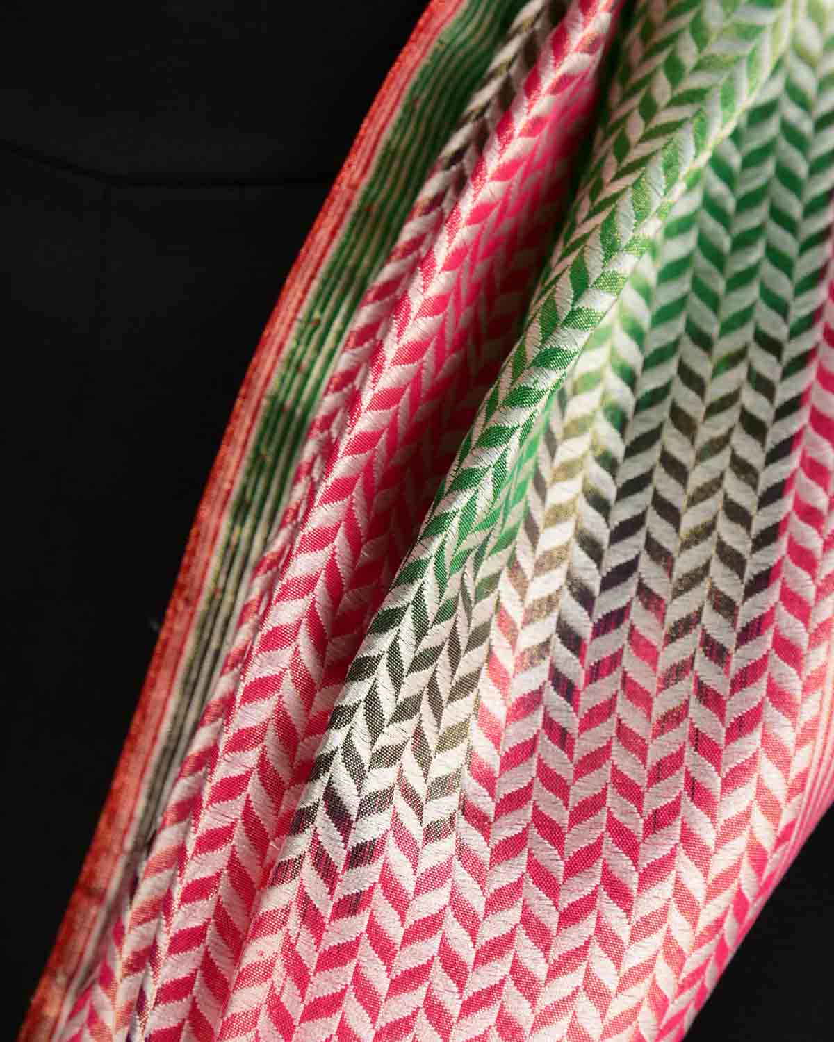 Ombre Metallic Multi-color Silver Zari Herringbone Stripes Brocade Handwoven Silk Tissue Unisex Scarf 80"x22"-HolyWeaves