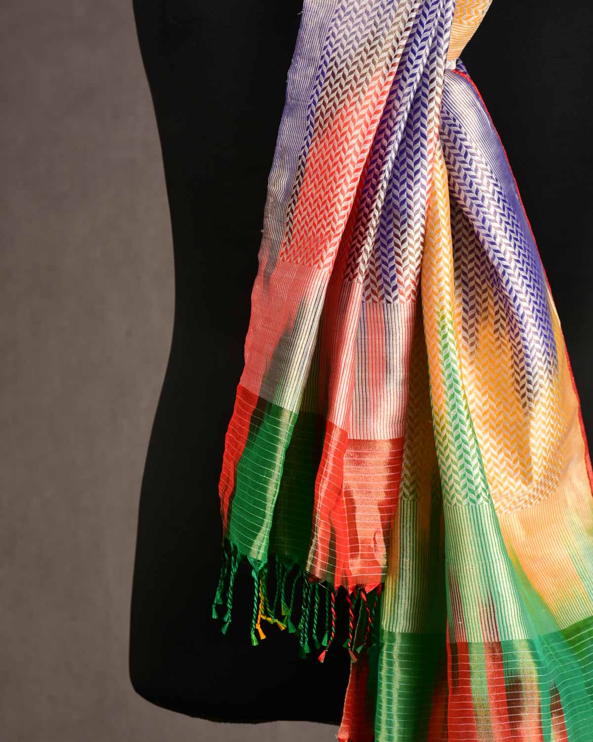 Ombre Metallic Multi-color Silver Zari Herringbone Stripes Brocade Handwoven Silk Tissue Unisex Scarf 80"x22"-HolyWeaves