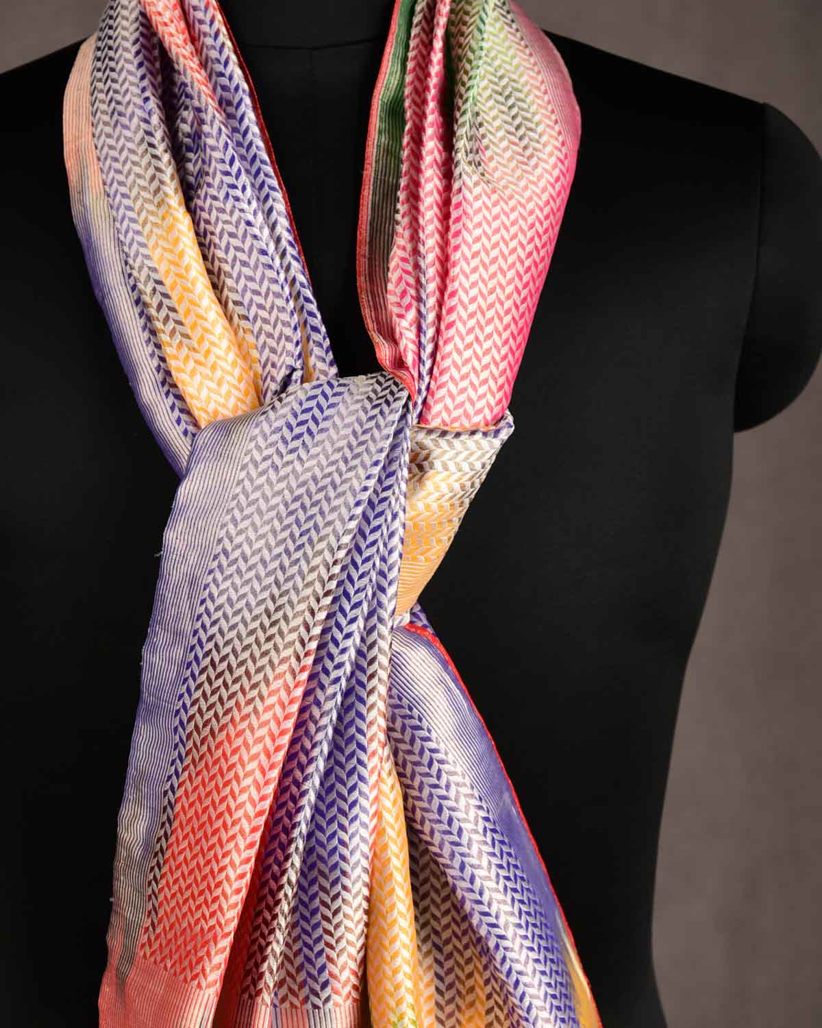 Ombre Metallic Multi-color Silver Zari Herringbone Stripes Brocade Handwoven Silk Tissue Unisex Scarf 80"x22"-HolyWeaves