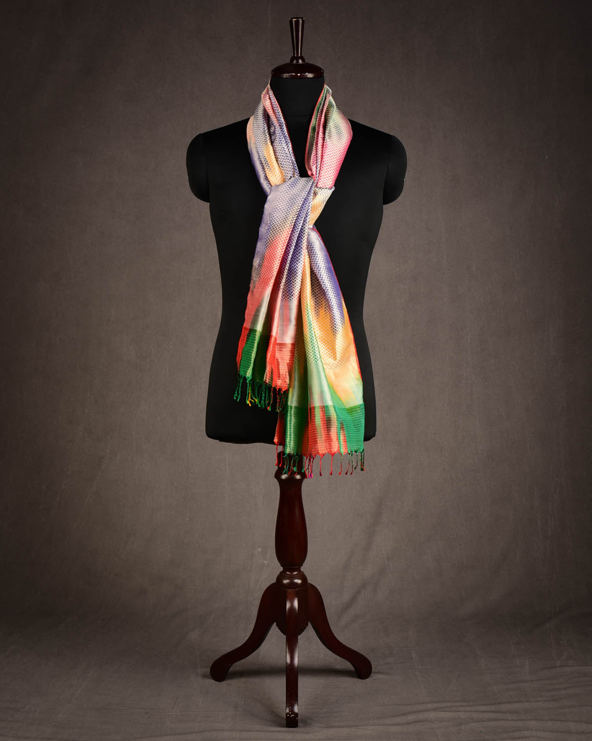 Ombre Metallic Multi-color Silver Zari Herringbone Stripes Brocade Handwoven Silk Tissue Unisex Scarf 80"x22"-HolyWeaves