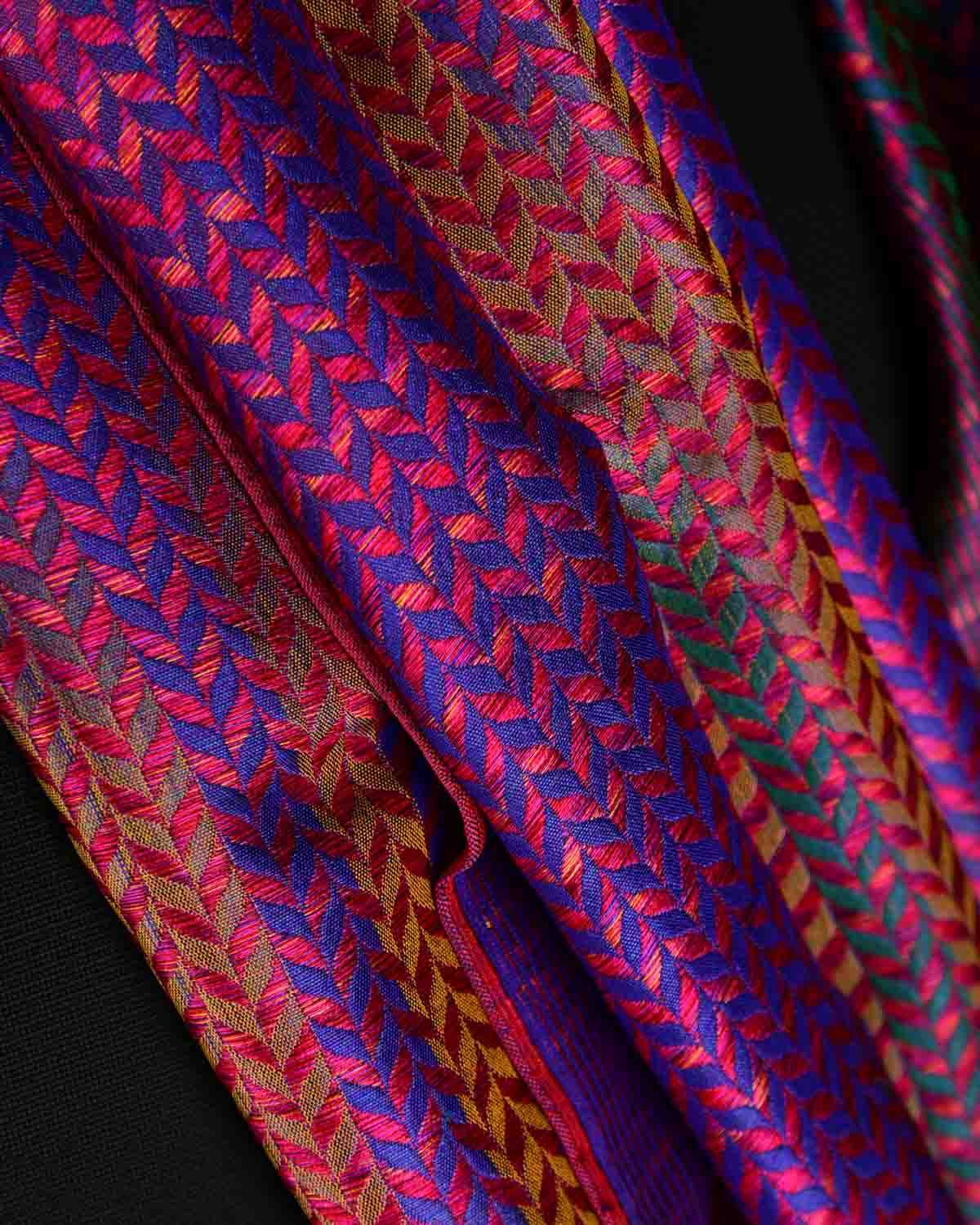 Rainbow Multi-color Herringbone Stripes Brocade Handwoven Silk Tissue Unisex Scarf 76"x22"-HolyWeaves