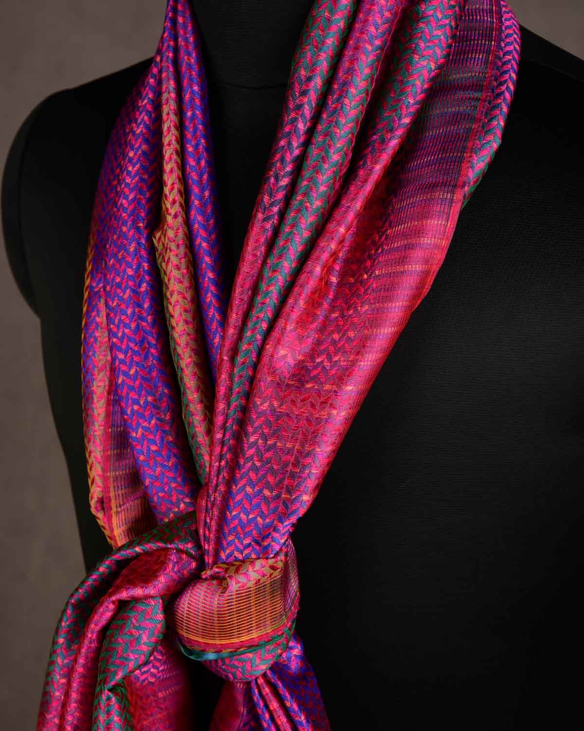 Rainbow Multi-color Herringbone Stripes Brocade Handwoven Silk Tissue Unisex Scarf 76"x22"-HolyWeaves