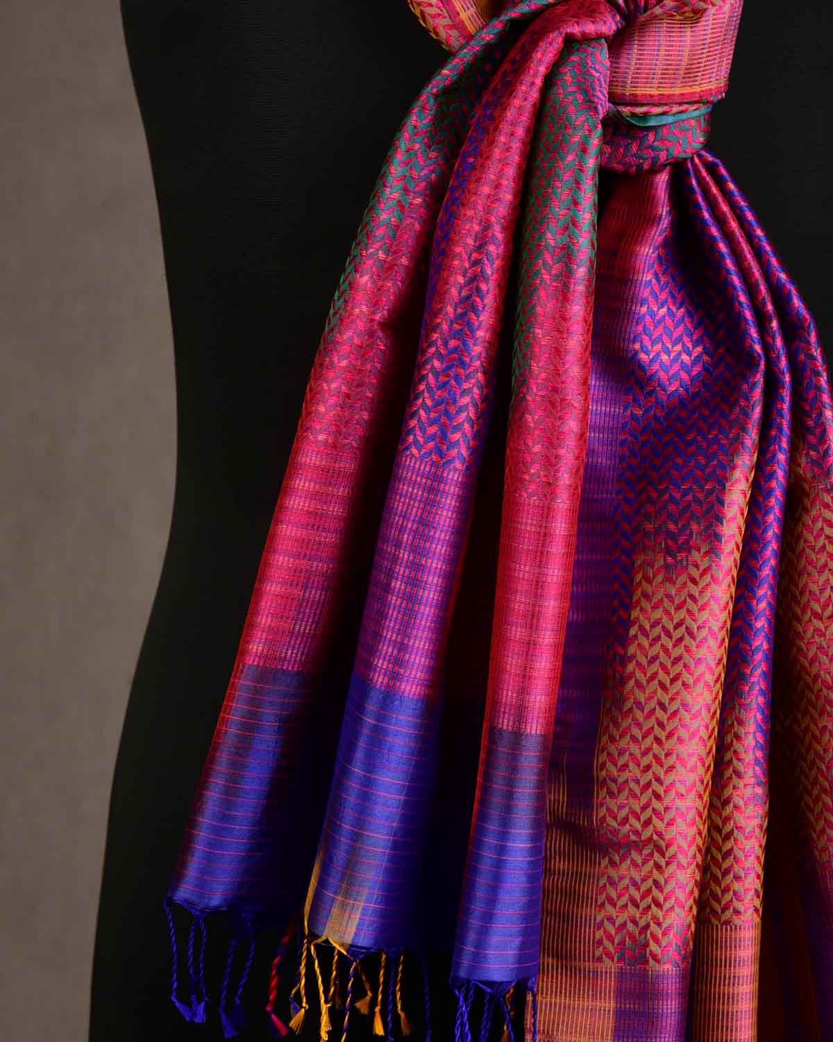 Rainbow Multi-color Herringbone Stripes Brocade Handwoven Silk Tissue Unisex Scarf 76"x22"-HolyWeaves