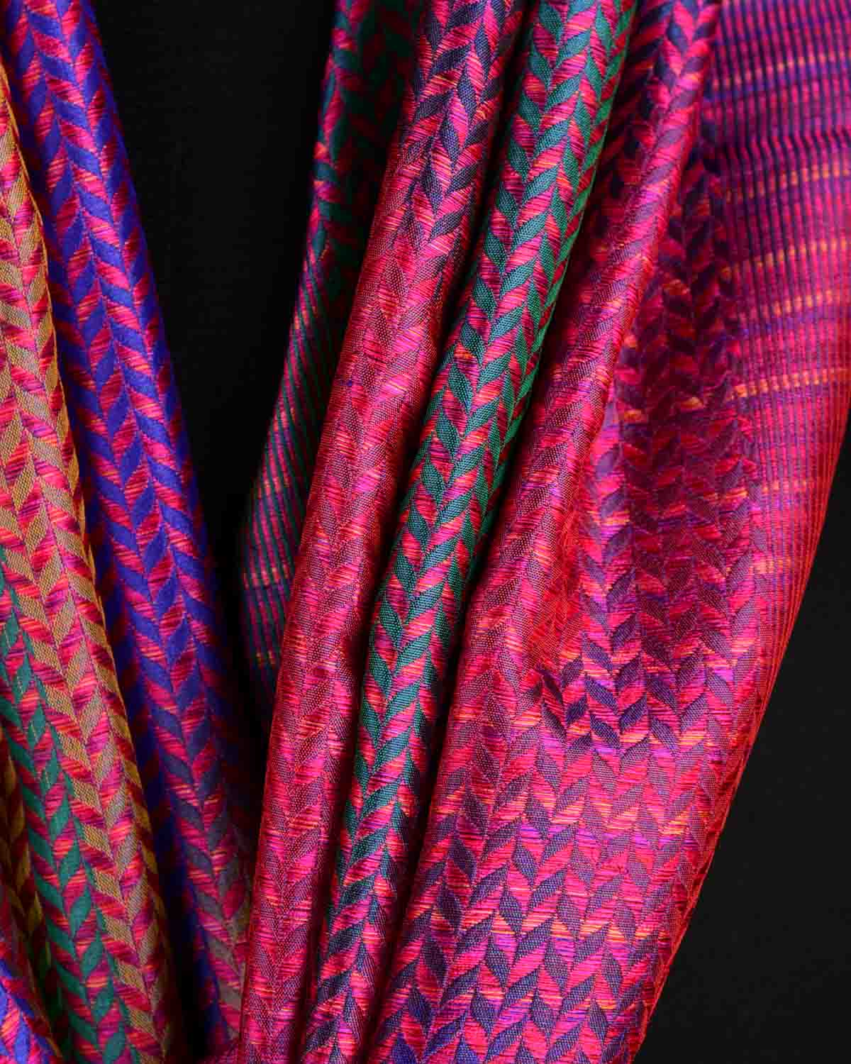 Rainbow Multi-color Herringbone Stripes Brocade Handwoven Silk Tissue Unisex Scarf 76"x22"-HolyWeaves