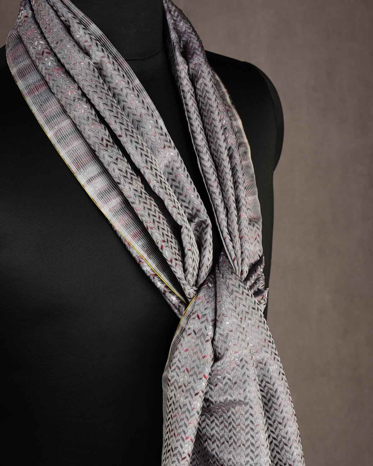 Multi-color Gray Herringbone Stripes Tanchoi Handwoven Silk Unisex Scarf 76"x22"-HolyWeaves