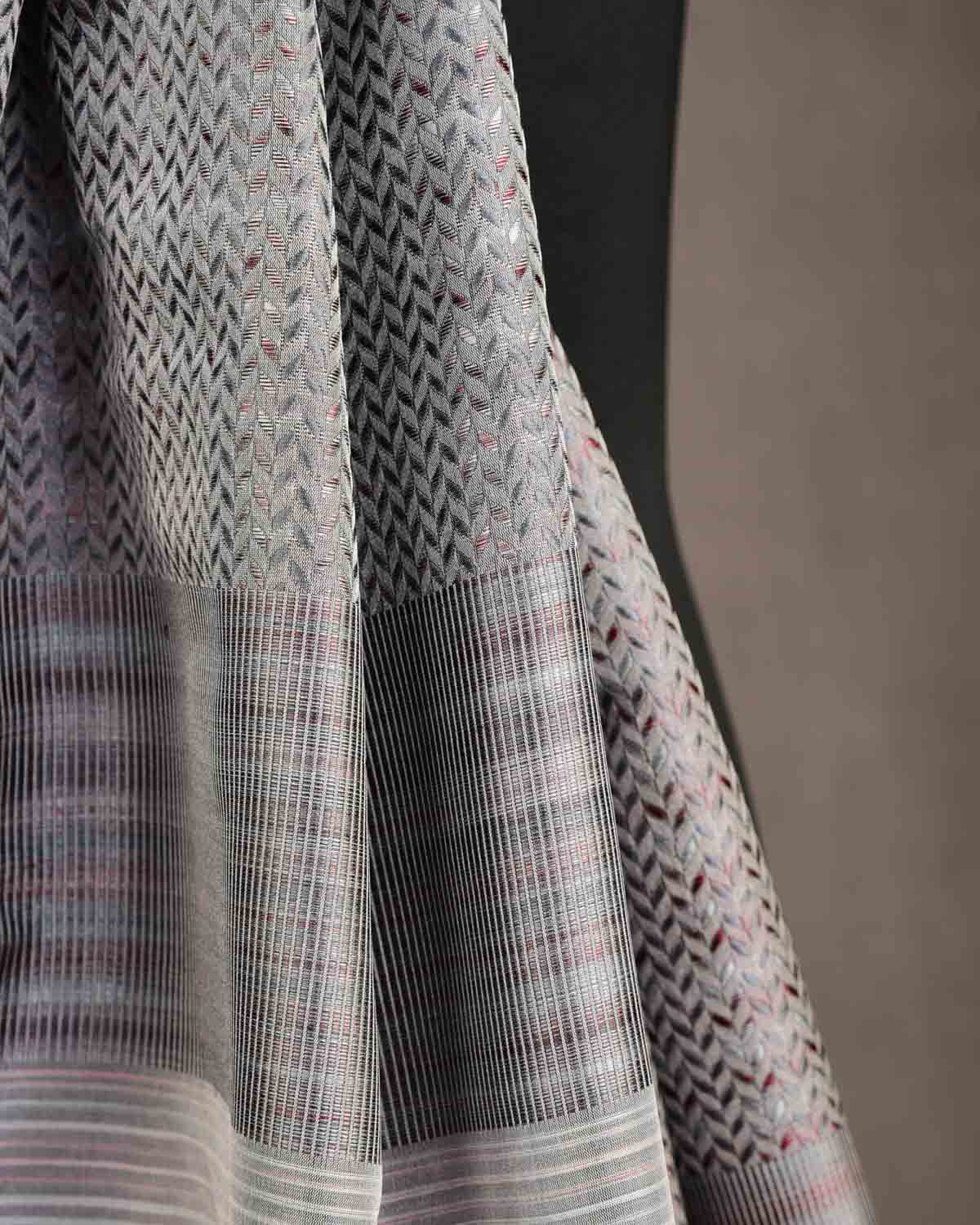 Multi-color Gray Herringbone Stripes Tanchoi Handwoven Silk Unisex Scarf 76"x22"-HolyWeaves