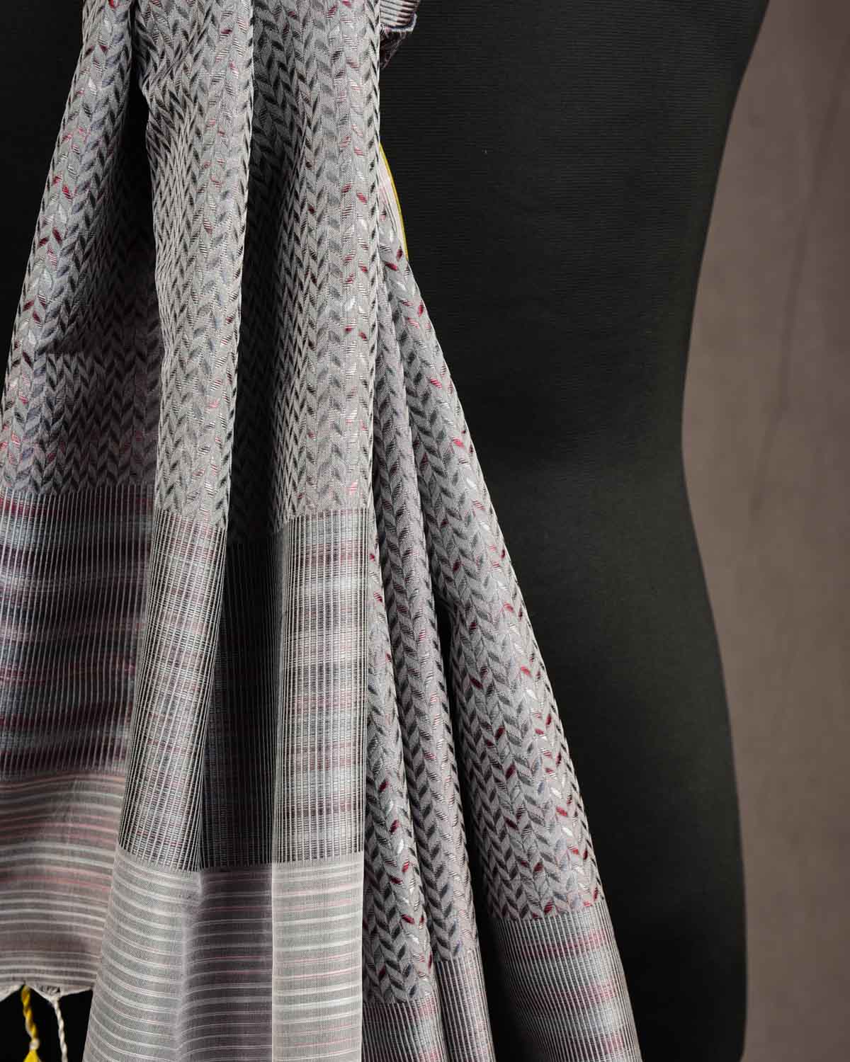 Multi-color Gray Herringbone Stripes Tanchoi Handwoven Silk Unisex Scarf 76"x22"-HolyWeaves