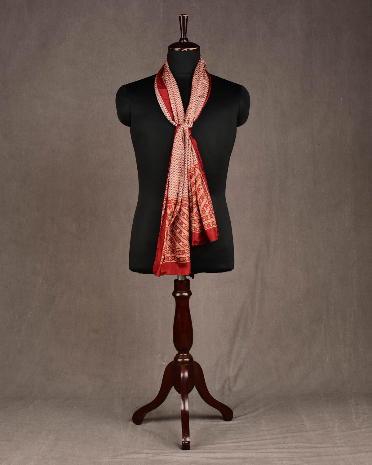 Beige Maroon Printed Silk Unisex Scarf 72"x21"-HolyWeaves