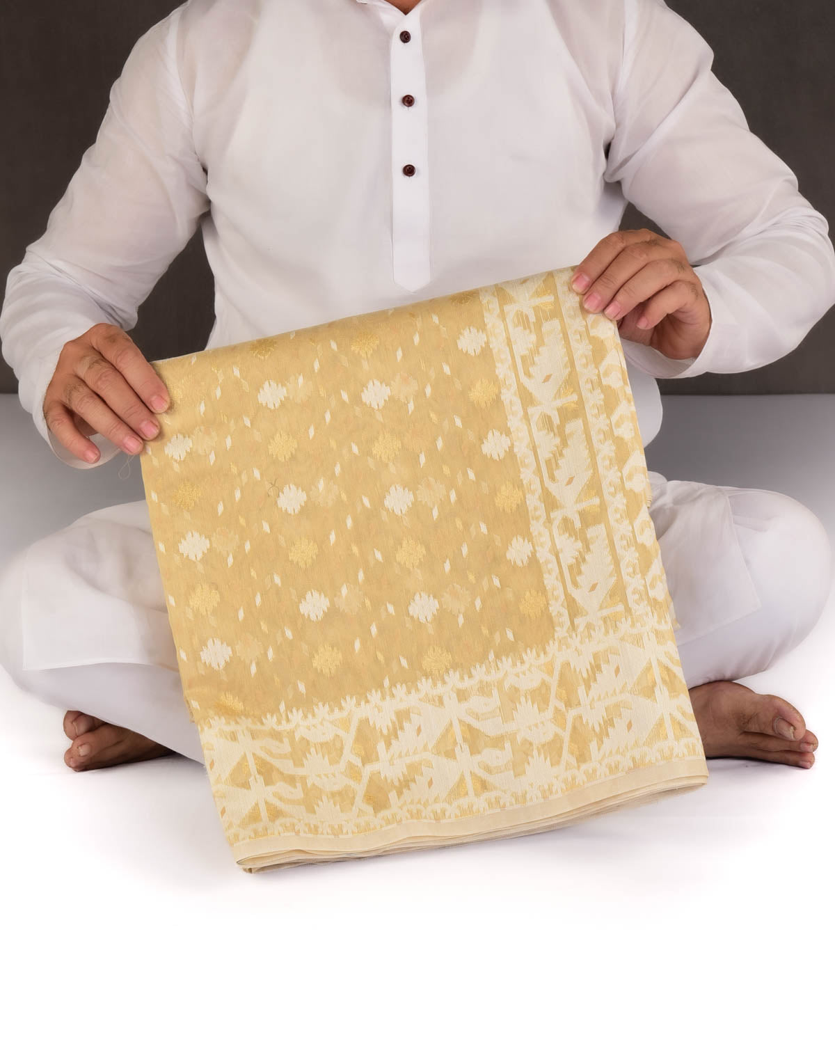 Beige Alfi Banarasi Dhakai Buti Cutwork Brocade Woven Cotton Silk Saree-HolyWeaves