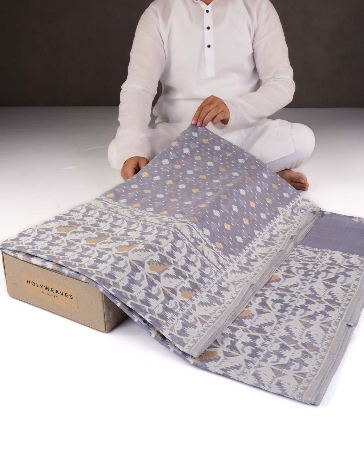 Gray Alfi Banarasi Dhakai Buti Cutwork Brocade Woven Cotton Silk Saree-HolyWeaves