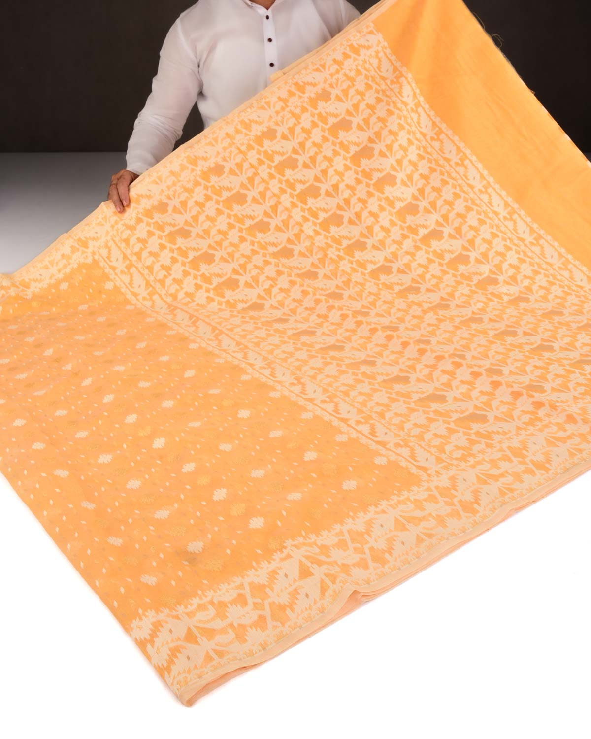 Golden Yellow Alfi Banarasi Dhakai Buti Cutwork Brocade Woven Cotton Silk Saree-HolyWeaves