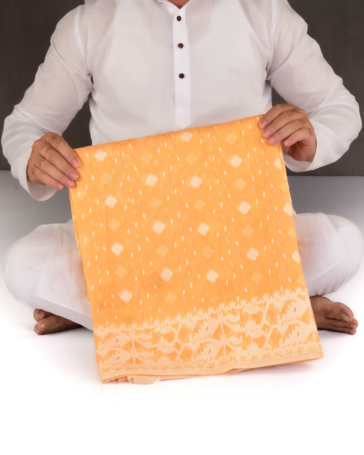 Golden Yellow Alfi Banarasi Dhakai Buti Cutwork Brocade Woven Cotton Silk Saree-HolyWeaves