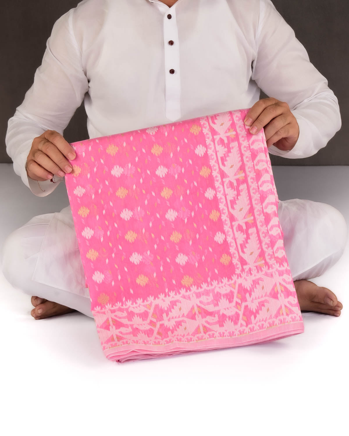 Pink Alfi Banarasi Dhakai Buti Alfi Cutwork Brocade Woven Cotton Silk Saree-HolyWeaves