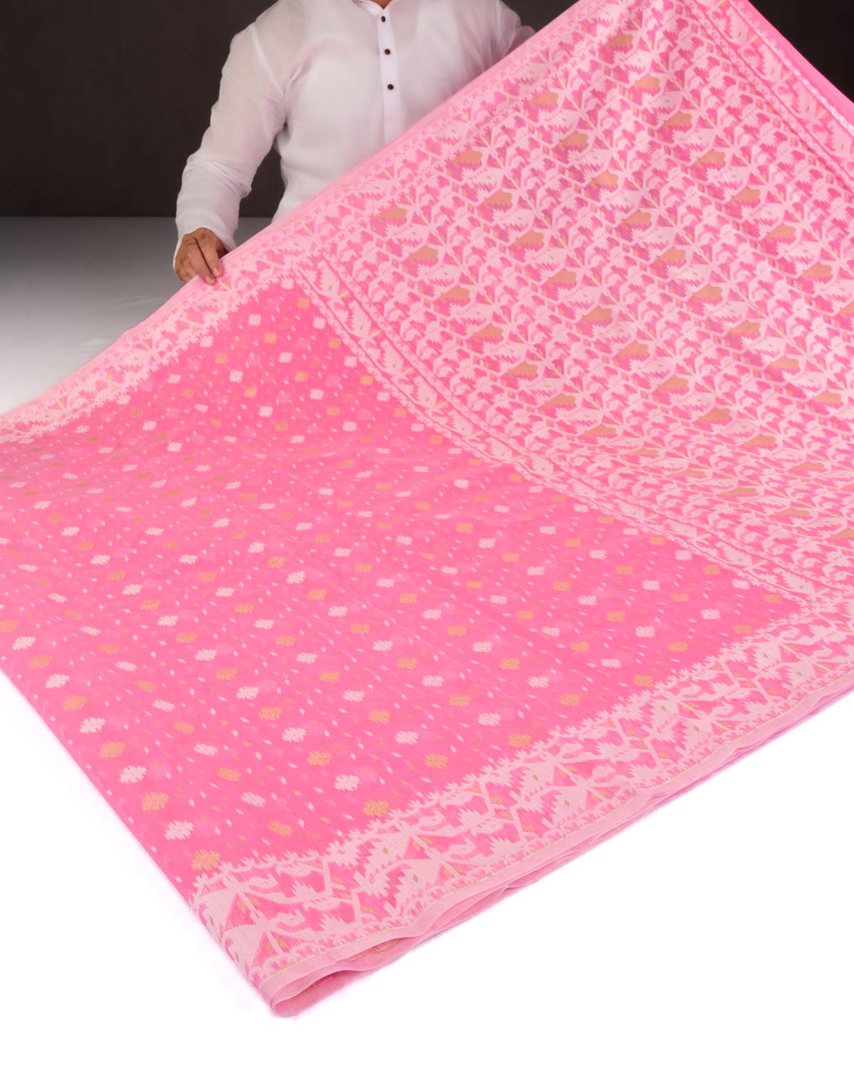 Pink Alfi Banarasi Dhakai Buti Alfi Cutwork Brocade Woven Cotton Silk Saree-HolyWeaves