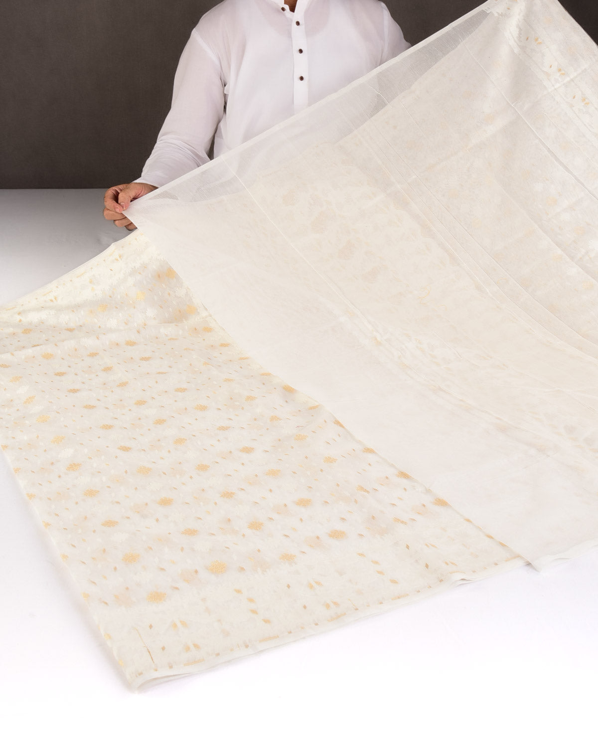 White Alfi Banarasi Dhakai Buti Cutwork Brocade Woven Cotton Silk Saree-HolyWeaves