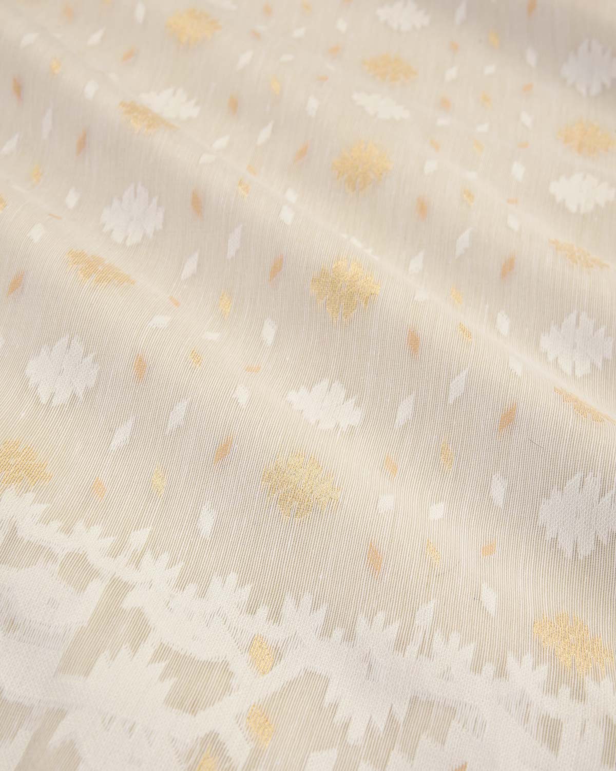 White Alfi Banarasi Dhakai Buti Cutwork Brocade Woven Cotton Silk Saree-HolyWeaves