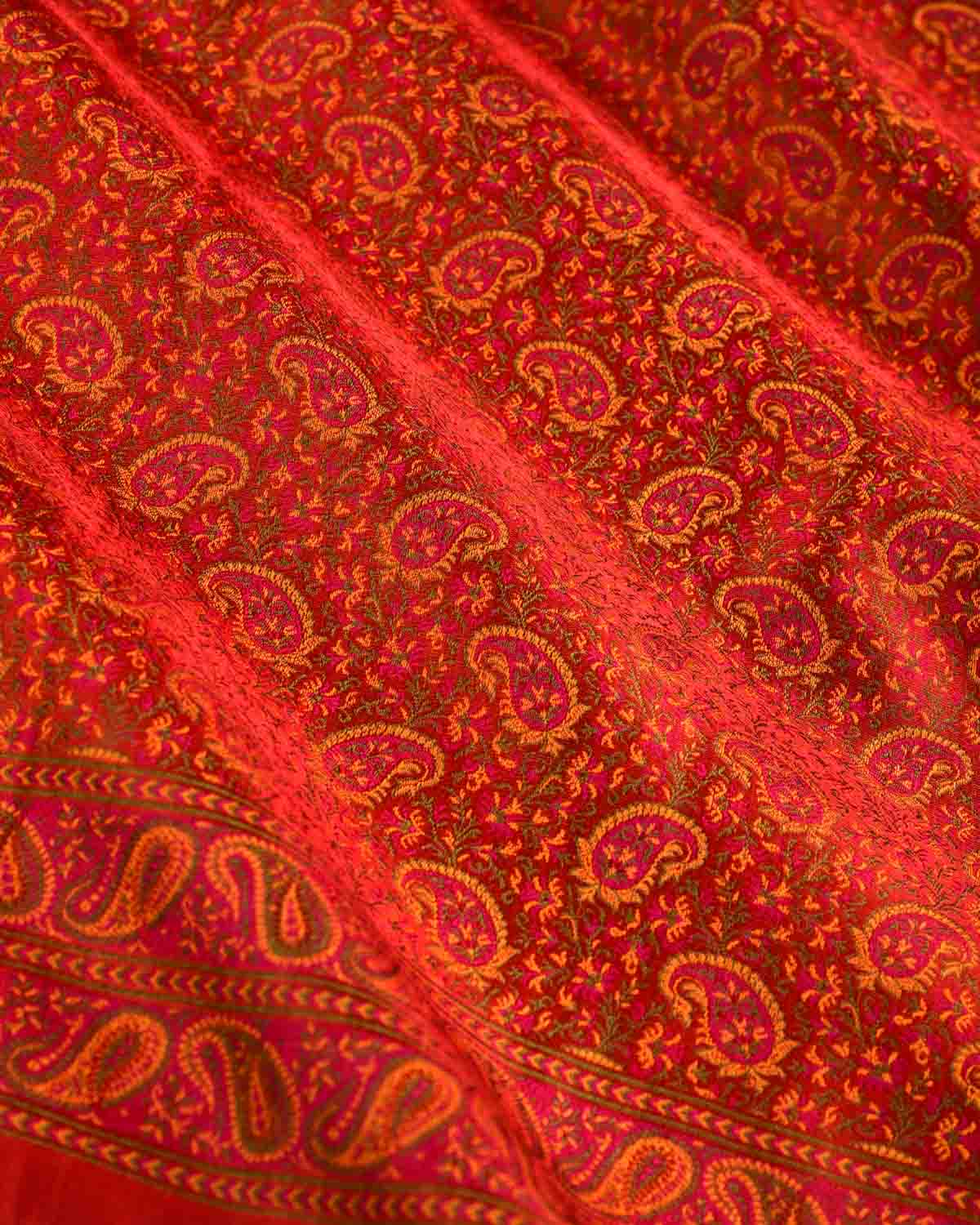 Red Banarasi Tehri Paisley Ektara Jamawar Handwoven Katan Silk Saree-HolyWeaves