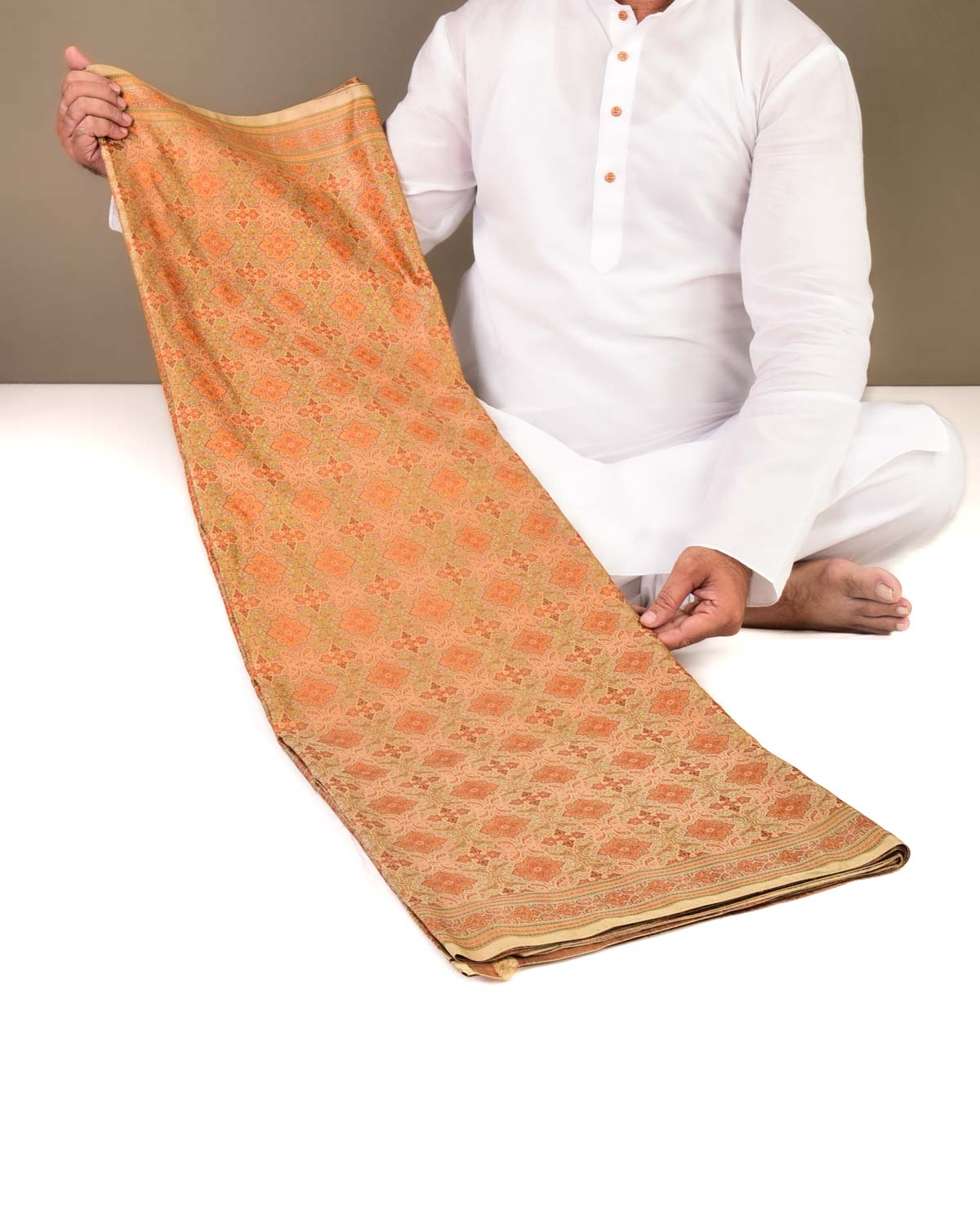 Beige Banarasi Tehri Jamawar Handwoven Katan Silk Saree with Mughal Kairi Jaal-HolyWeaves