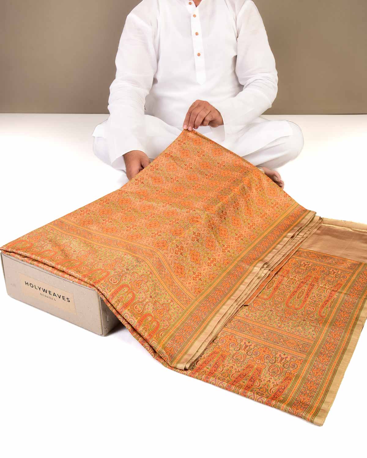 Beige Banarasi Tehri Jamawar Handwoven Katan Silk Saree with Mughal Kairi Jaal-HolyWeaves