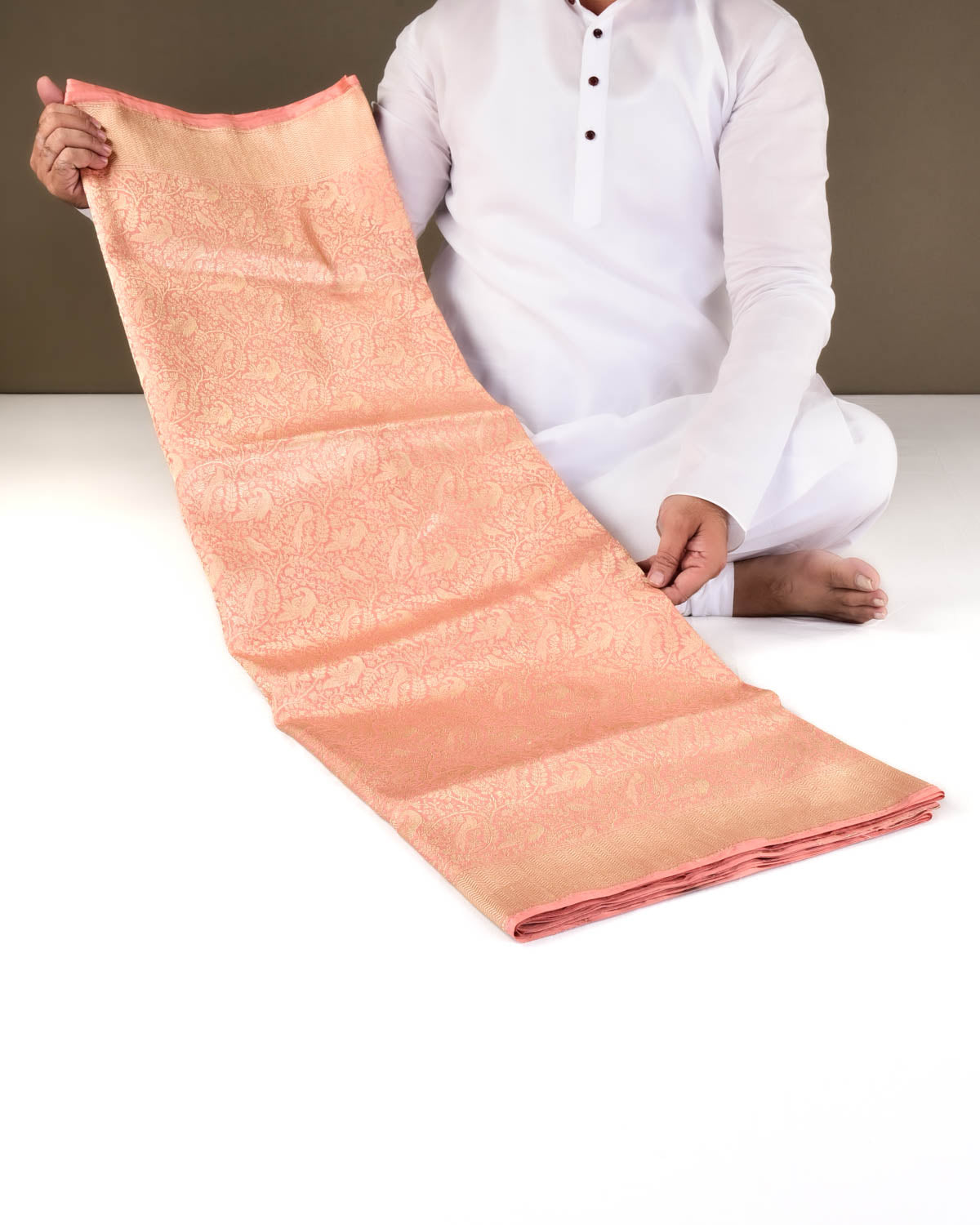 Peach Banarasi Peacock & Sparrow Shikargah Brocade Handwoven Katan Silk Saree-HolyWeaves