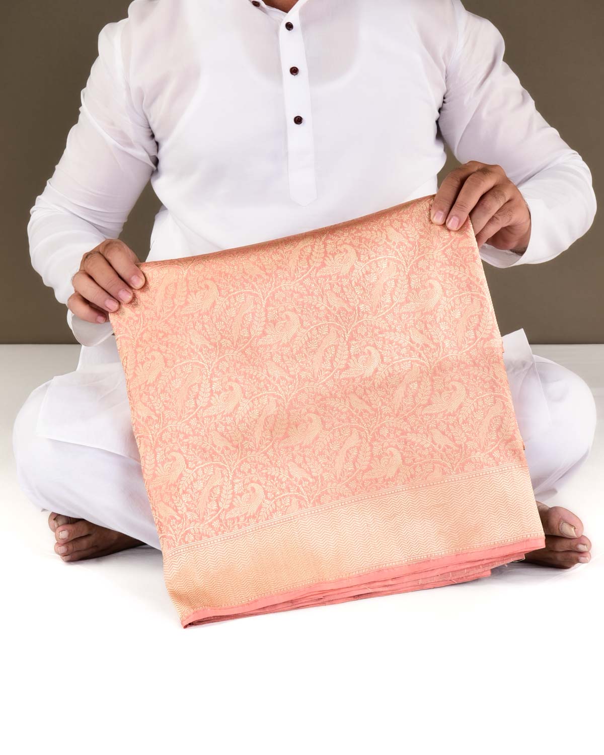 Peach Banarasi Peacock & Sparrow Shikargah Brocade Handwoven Katan Silk Saree-HolyWeaves