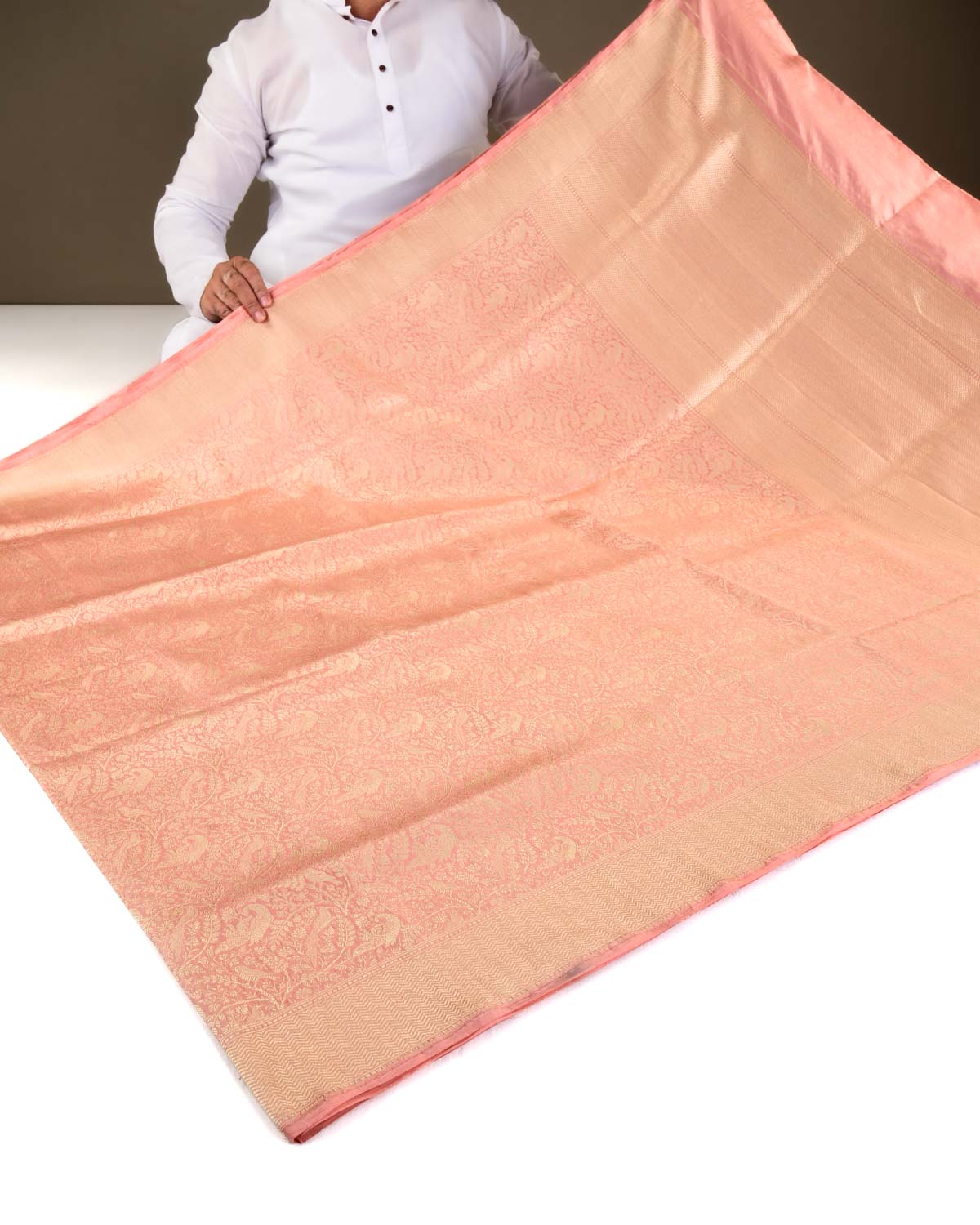 Peach Banarasi Peacock & Sparrow Shikargah Brocade Handwoven Katan Silk Saree-HolyWeaves