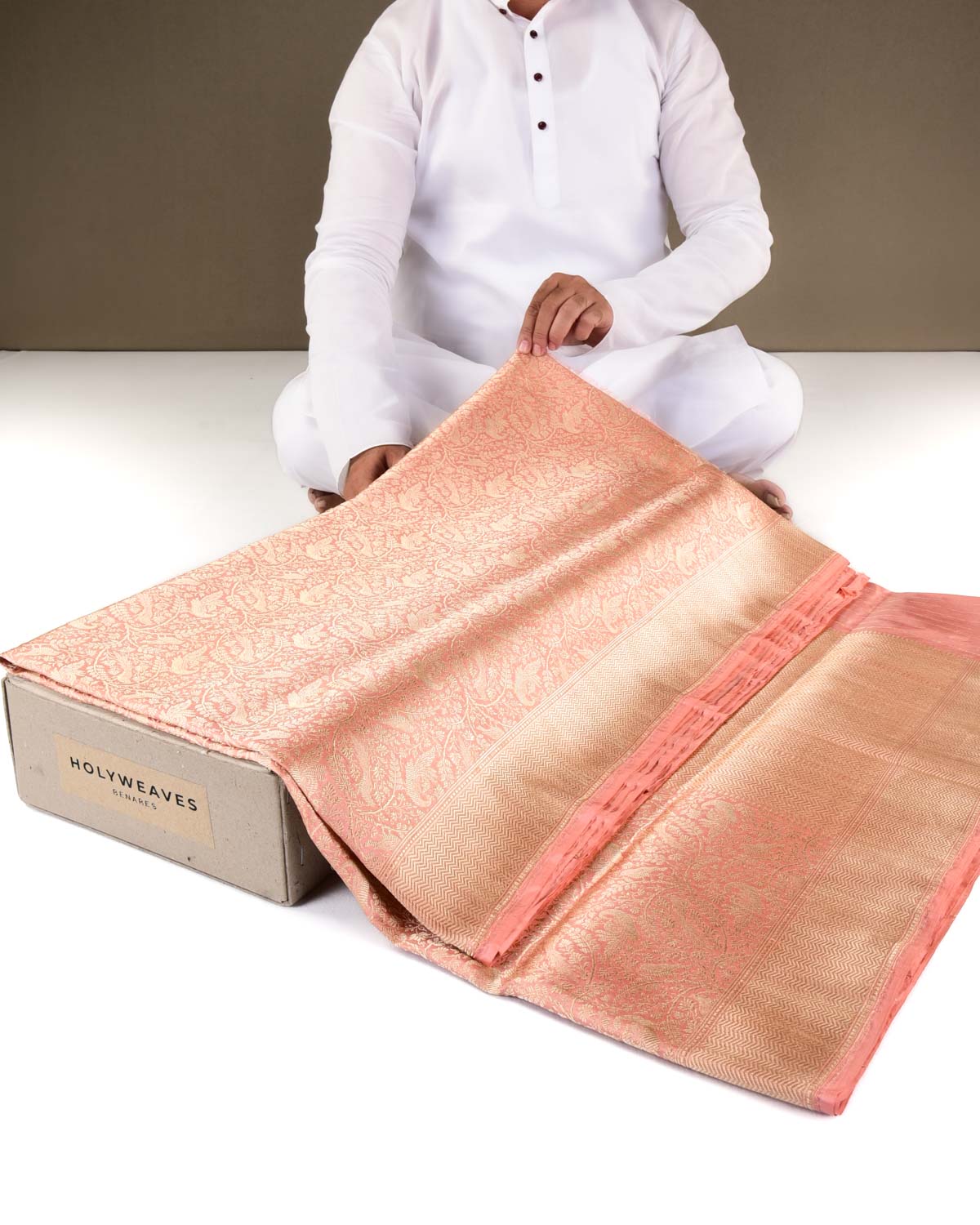 Peach Banarasi Peacock & Sparrow Shikargah Brocade Handwoven Katan Silk Saree-HolyWeaves