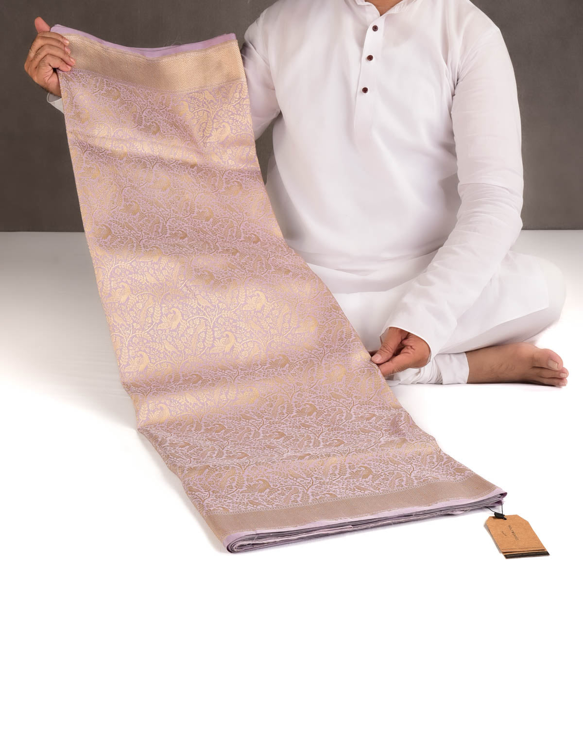 Wisteria Mauve Gold Zari Peacock & Sparrow Shikargah Brocade Handwoven Katan Silk Banarasi Saree-HolyWeaves