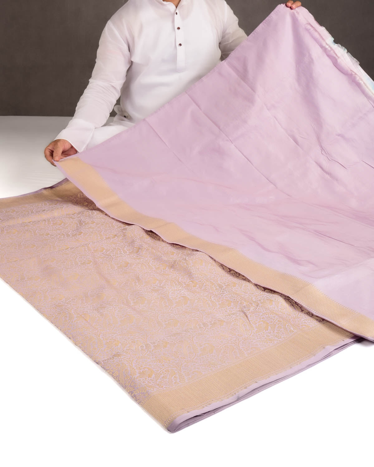 Wisteria Mauve Gold Zari Peacock & Sparrow Shikargah Brocade Handwoven Katan Silk Banarasi Saree-HolyWeaves