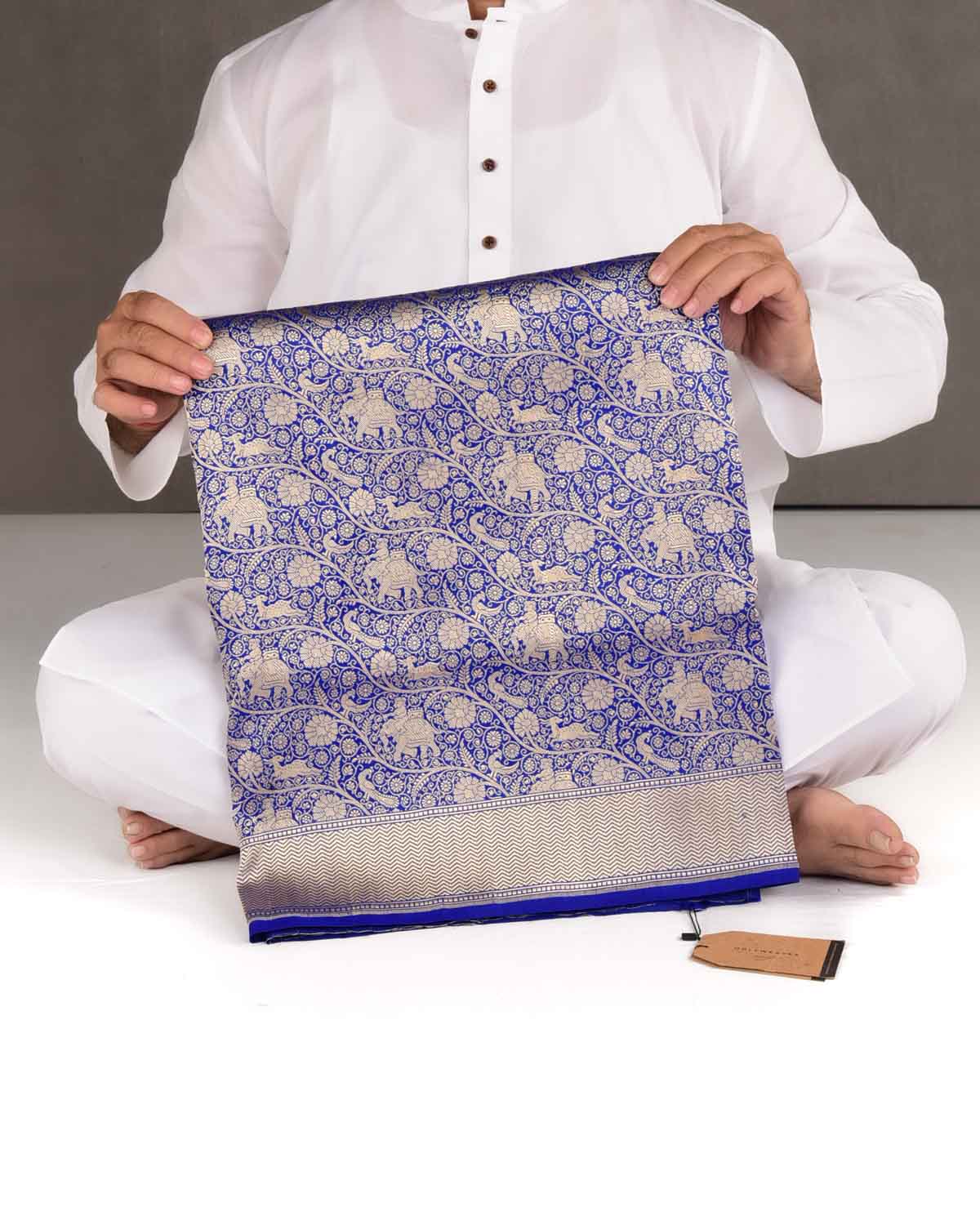 Royal Blue Elephant Deer Peacock & Maharaja Shikargah Brocade Handwoven Katan Silk Banarasi Saree-HolyWeaves