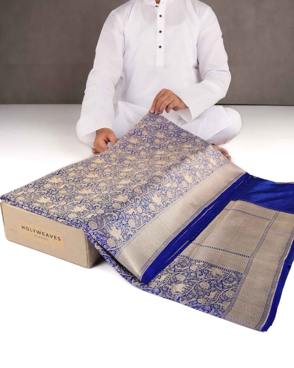 Royal Blue Elephant Deer Peacock & Maharaja Shikargah Brocade Handwoven Katan Silk Banarasi Saree-HolyWeaves