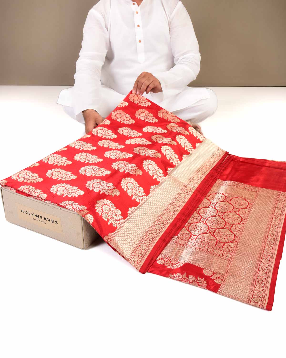 Red Bridal Banarasi Cutwork Brocade Handwoven Katan Silk Saree-HolyWeaves