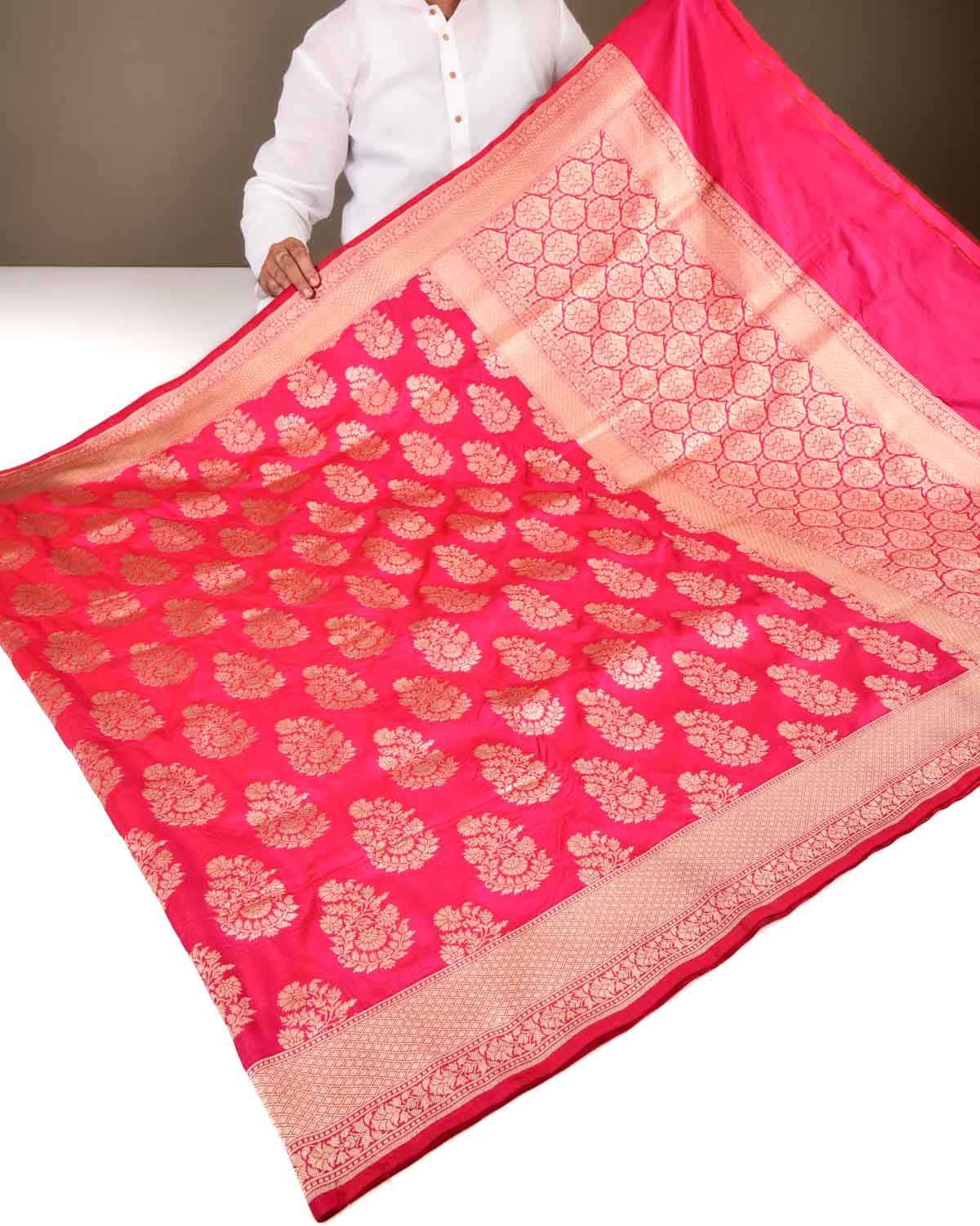 Shot Rani Pink Bridal Banarasi Cutwork Brocade Handwoven Katan Silk Saree-HolyWeaves