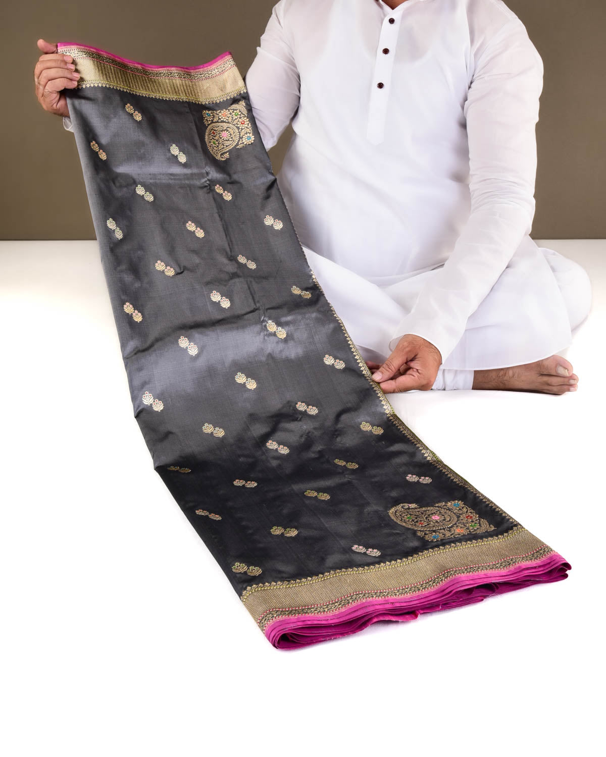 Gray Banarasi Gold & Silver Zari Alfi Meena Duet Buti Kadhuan Brocade Handwoven Katan Silk Saree with Meenekari Koniya Buta-HolyWeaves