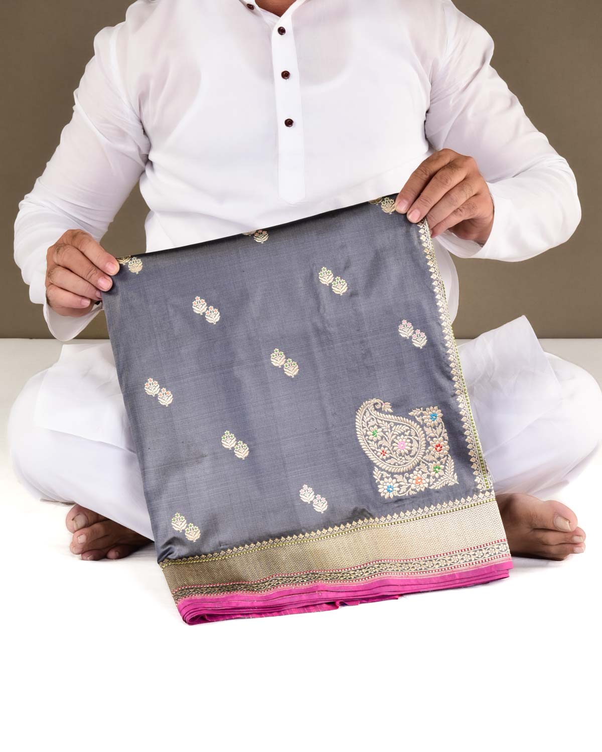 Gray Banarasi Gold & Silver Zari Alfi Meena Duet Buti Kadhuan Brocade Handwoven Katan Silk Saree with Meenekari Koniya Buta-HolyWeaves