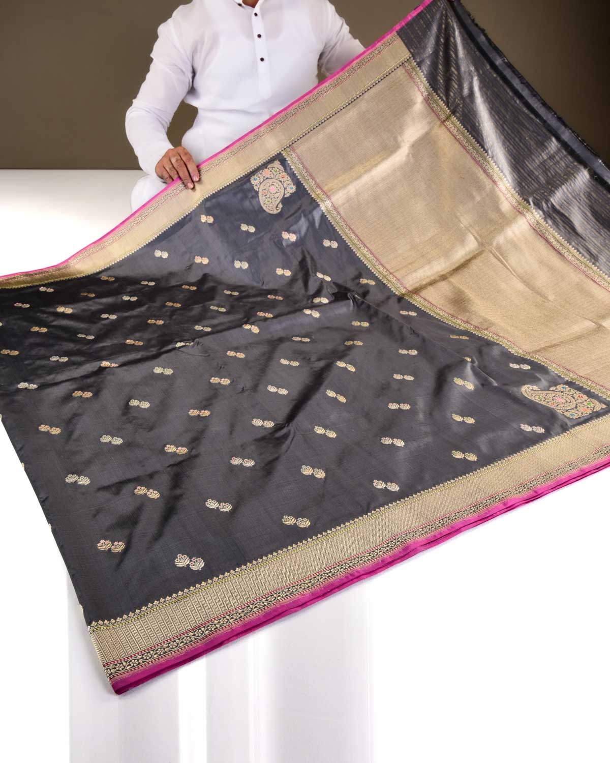 Gray Banarasi Gold & Silver Zari Alfi Meena Duet Buti Kadhuan Brocade Handwoven Katan Silk Saree with Meenekari Koniya Buta-HolyWeaves